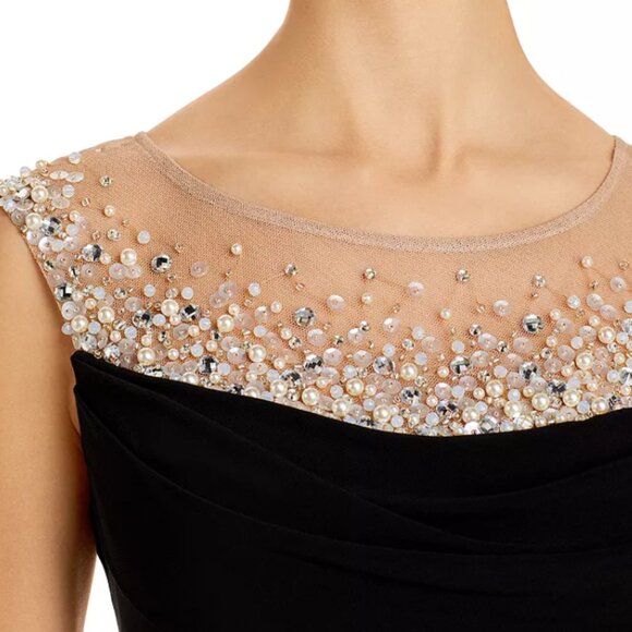 Adrianna Papell Illusion Mermaid Black Gown with Beaded Mesh Yoke Size 0 - Picture 3 of 9